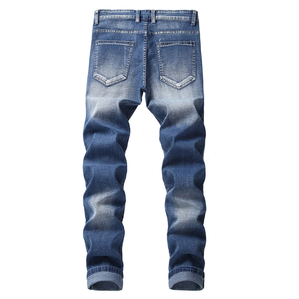 Biker Jeans Men Skinny Hole Motorcycle Stretch Cargo Denim with Embroidered Pleated Slim Jean Men's Plus Size 40 42 Pants | Мужская