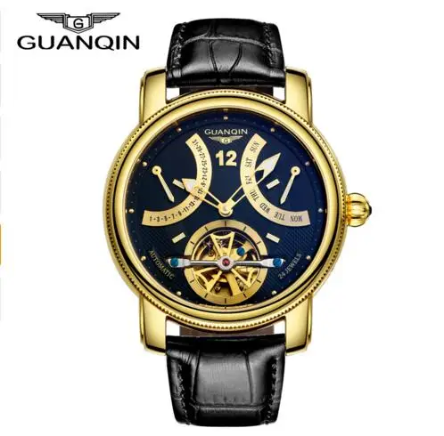 gold black B Роскошные брендовые автоматические механические часы GUANQIN, мужские водонепроницаемые светящиеся часы с календарем, кожаные золотые наручные часы - Цвет: gold black B