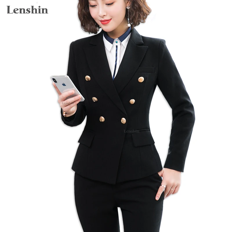 Lenshin, комплект из 2 предметов, двубортный Деловой брючный костюм для женщин, рабочая одежда, офисный стиль, Униформа, деловой пиджак с брюками
