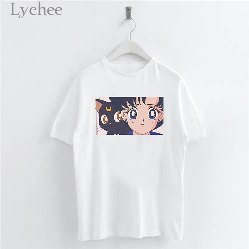 Lychee Harajuku, Сейлор Мун, серия, с буквенным принтом, Женская белая футболка, короткий рукав, круглый ворот, футболки, женские, простые, повседневные, топ, футболка