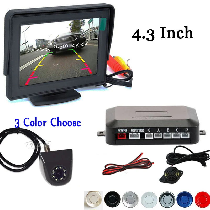 Car Visible Parking Assistance, 4.3 Inch TFT Mirror Monitor With 8LEDS Rear View Camera and Video Reverse Radar Parking Sensor