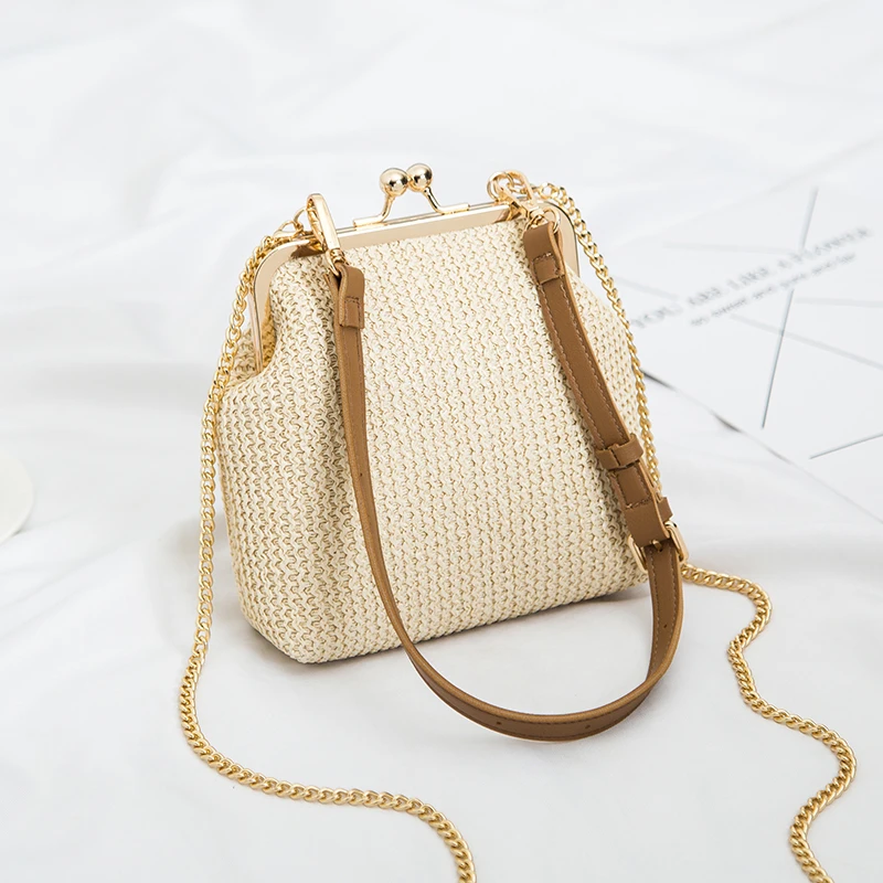 Женская соломенная сумка с цепочкой маленькая плетеная Сумка через плечо из
