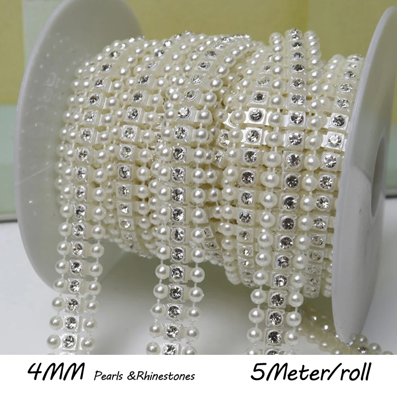 Жемчуг и стразы соединяющие бусины с тремя полосками 4 мм АБС-пластик 5