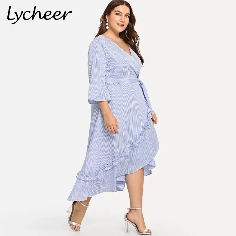 Lycheer Plus асимметричное Полосатое платье-рубашка платья с рукавом-клеш повседневные платья плюс размер сращенная рубашка длинное платье 6XL