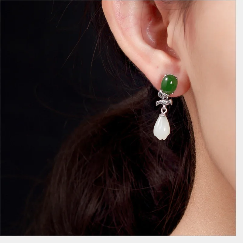 Женские серьги из серебра 100% пробы с натуральным нефритом | Украшения и
