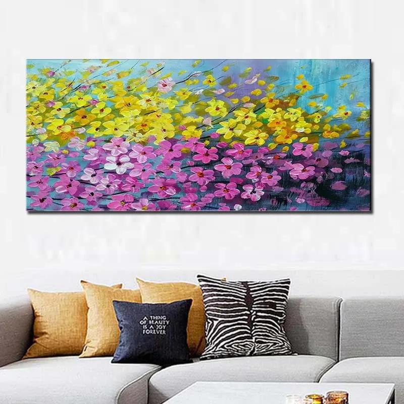 

Hand Painted Abstract Pink Yellow Flower Canvas Oil Painting Living Room Bedroom Wall Picturer Home Decoration Drop Shipping
