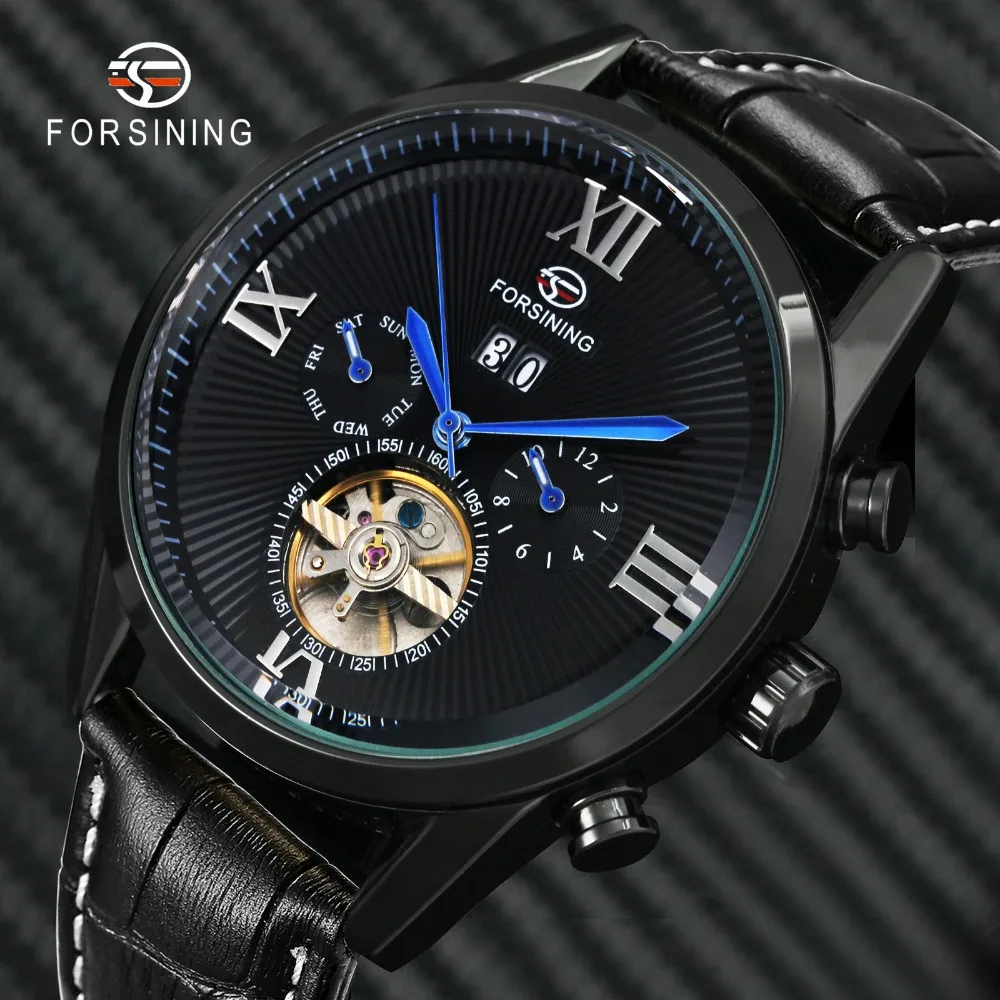 FORSINING Fashion Vintage Tourbillon Auto Mechanical Watch Men Top Brand Luxury Black Leather Strap Date Display Wristwatches | Наручные