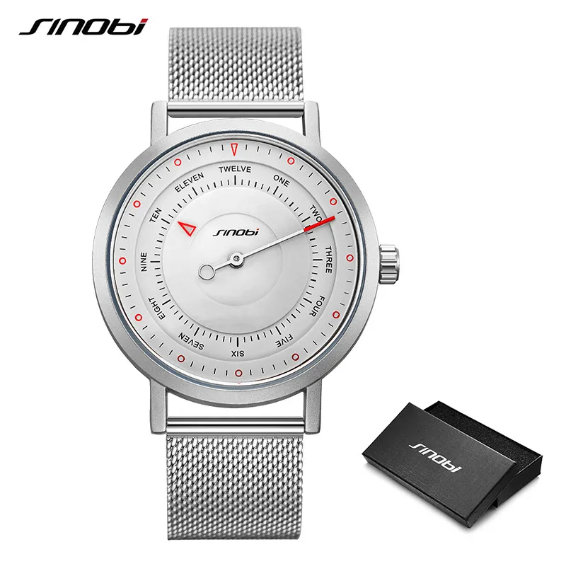 Sinobi Top Luxury Brand Men Leather Strap Sports Watches Men's Quartz Clock Man Waterproof Wrist Hiking Watch Relogio masculino - Цвет: silver mesh band box
