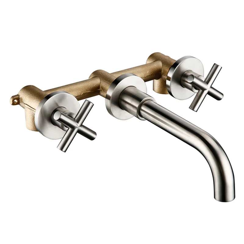 Stainless Steel Краны Топ Мода Новое поступление настенная раковина смеситель набор ванная комната носик кран с двойным рычагом в матовый черный/полированный золотой - Цвет: Stainless Steel