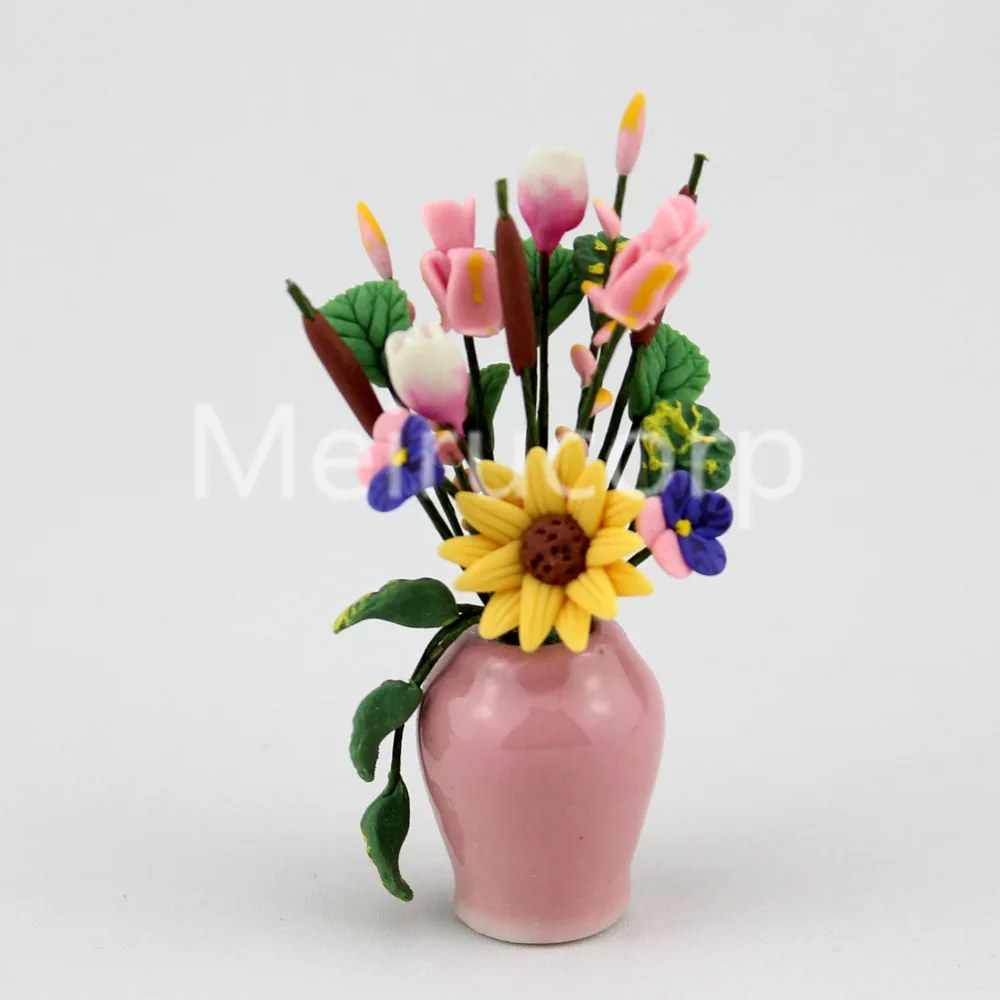 1:12 Масштаб Кукольный дом украсить miniatue ваза и подсолнечника розовый с цветочным