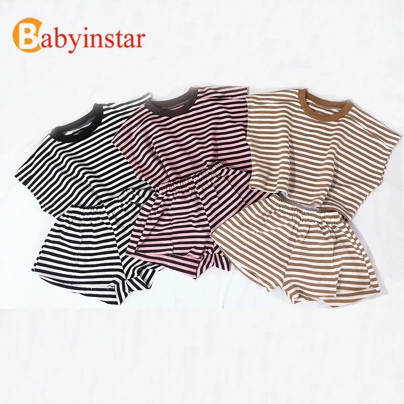 Babyinstar/детский летний комплект костюм в полоску для мальчиков и девочек хлопковый