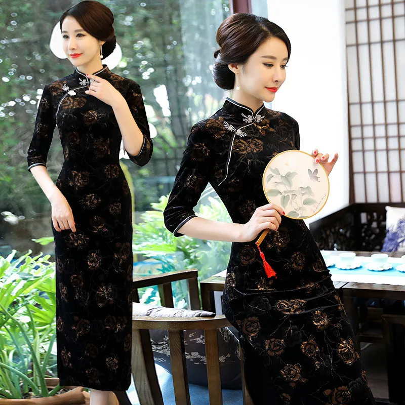 Longblack Cheongsam велюровое платье Ципао с принтом винтажные модные улучшенные Осенние Длинные платья Вечерние платья для мам и свадеб - Цвет: Longblack
