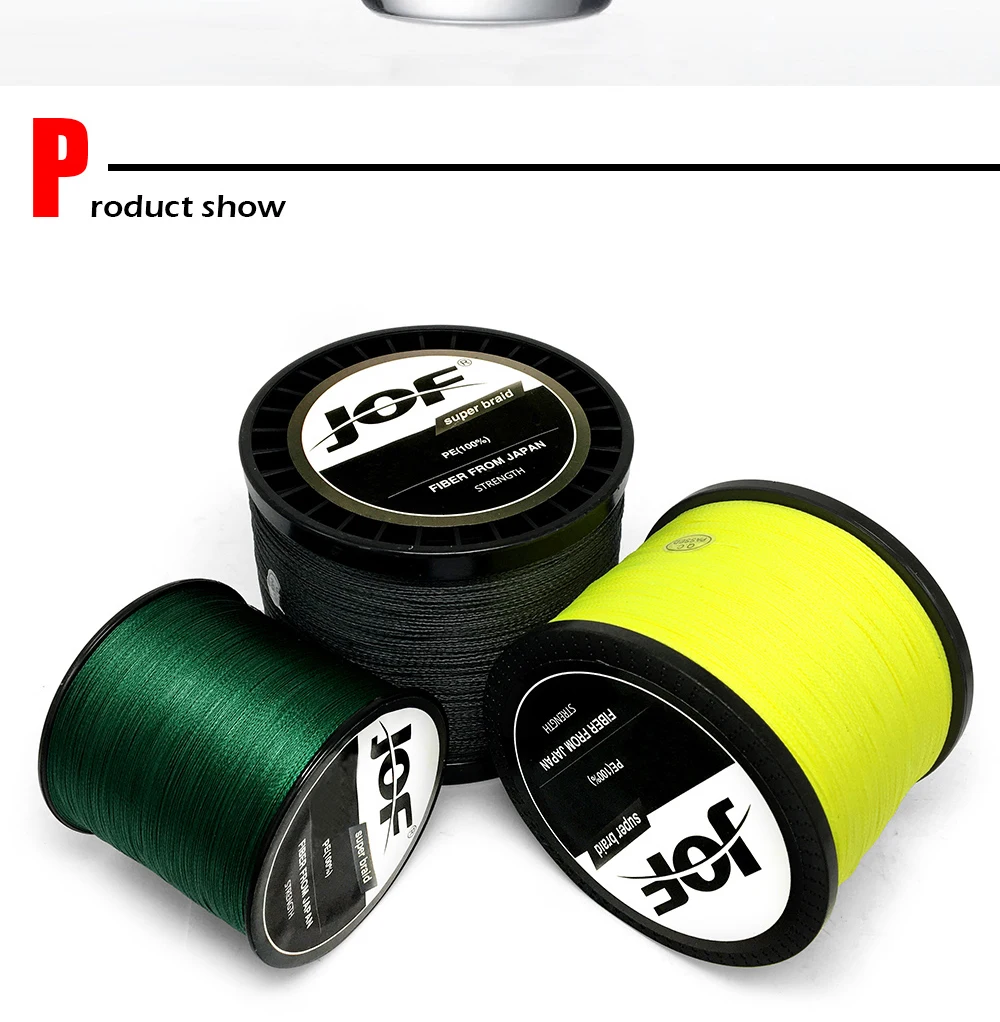 JOF PE Braided Fishing Line Fluorescent Yellow Multifilament Fishing Cord Strong 4 Strands 100M 150M 300M 500M 1000M