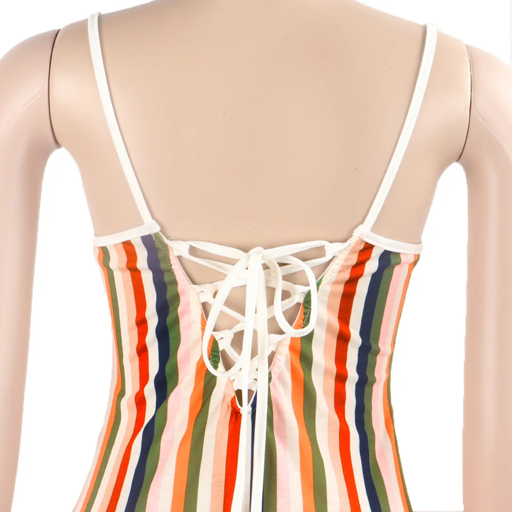 

Colorful Striped Sexy Bodycon Dress Women Spaghetti Strap Side Slit Long Maxi Dress Summer V Neck Sleeveless Beach Wear Sundress
