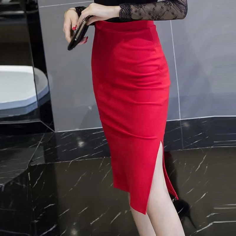 Плюс Размеры S-5XL Юбки-карандаши Для женщин Высокая Талия Stretch Slim офисные элегантные юбки Женский разрез Bodycon Повседневное Миди-юбки