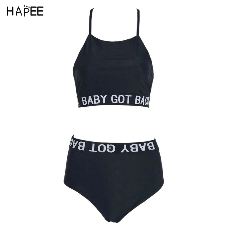 Черно-белой печати Белый Письмо Комплект Бикини 2017 Высокая Талия Женщины Холтер