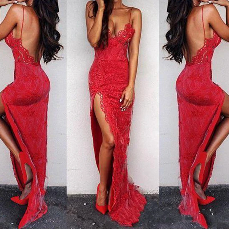 

Sexy Red Lace 2021 Prom Dresses Mermaid Spaghetti Straps Sexy Backless Front Split Floor Length Evening Gowns Arabic