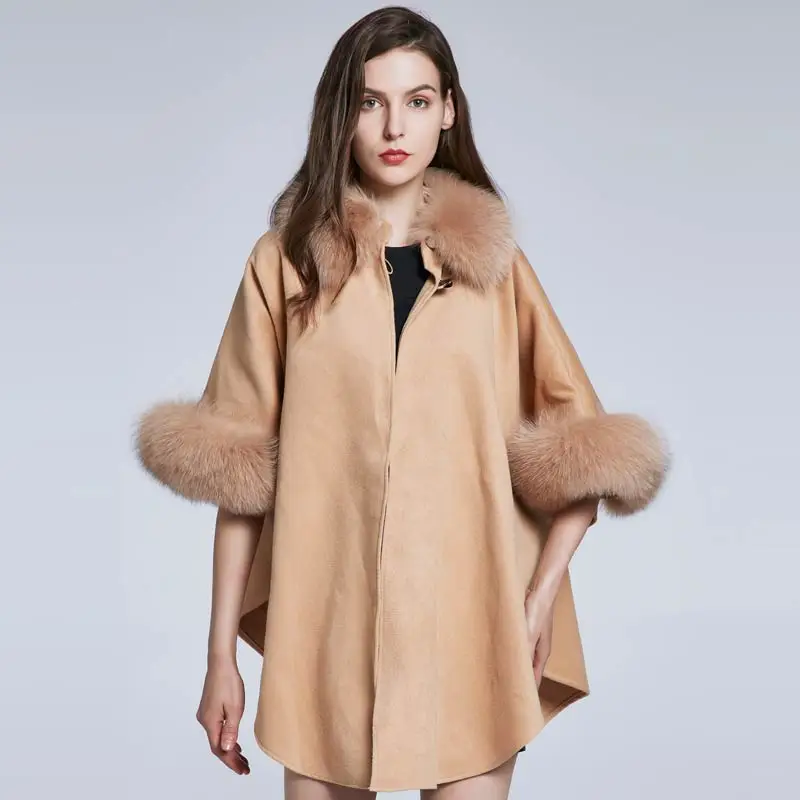 Enlarge Women's Autumn Winter Shawl Fox Hair Collar Cashmere Design Real Fur Jacket Furry Jacket Solid Color Party Warm 2021New