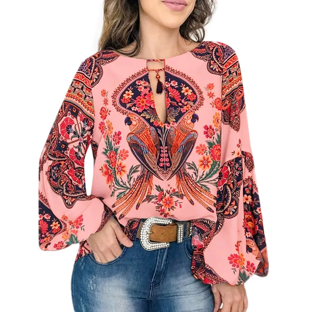 Женская шифоновая блузка с принтом v образным вырезом и длинными рукавами