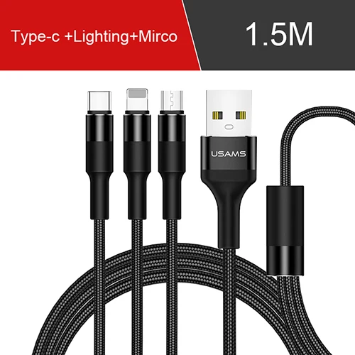 Black 3 in 1 3 в 1 Кабели для мобильных телефонов, USAMS usb кабель usb-c для samsung нейлоновый Micro usb кабель для зарядки для iPhone x 8 type c кабель Шнур - Цвет: Black 3 in 1