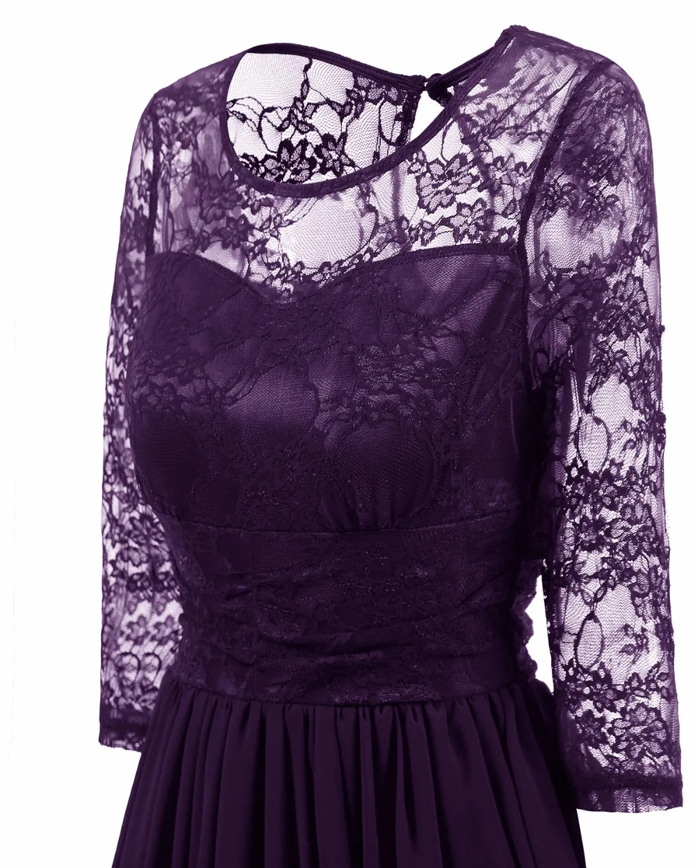 Женское платье подружки невесты фиолетовое с длинным рукавом прозрачным