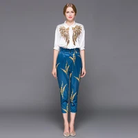 high quality 2020 autumn outfit stylist women lapel sequins embroidered shirts printed 7 minutes of pants style 2 piece sets
