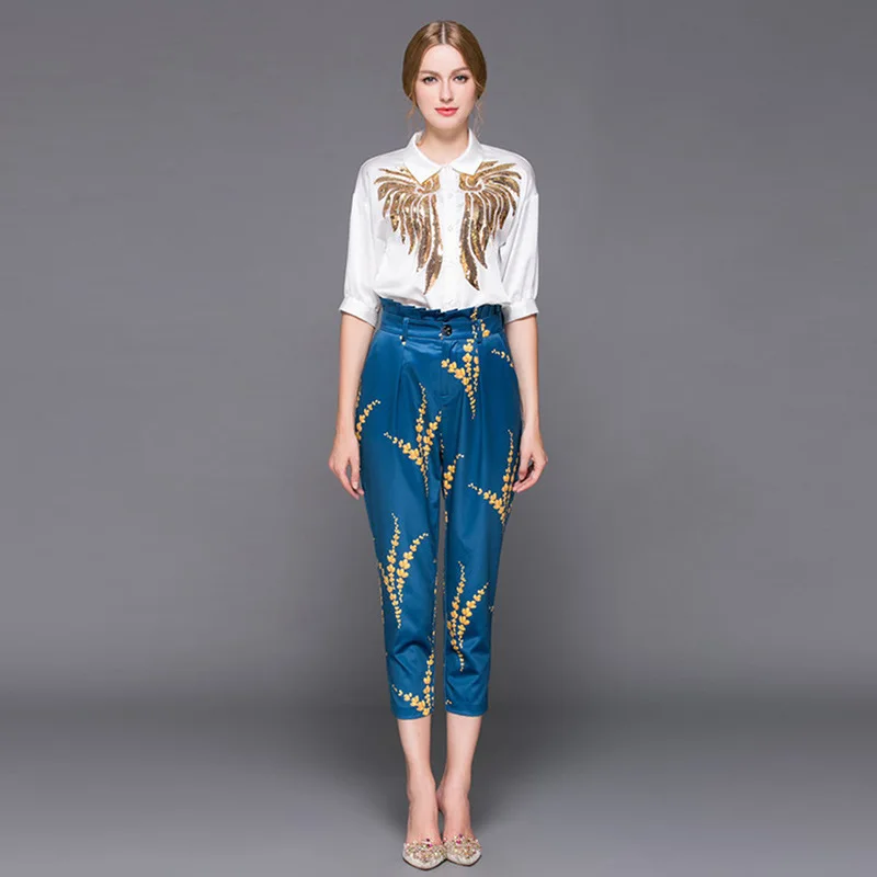 Женский костюм с блестками рубашка вышивкой и отложным воротником принтом брюки