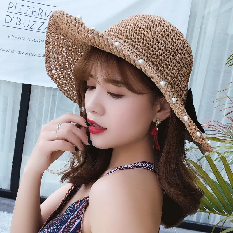 New fashion and beautiful Summer handmade bow with pearl trim Collapsible sun hat Holiday must-haves | Аксессуары для одежды