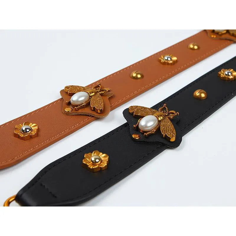 Retro Bee Straps For Bags Genuine Leather Handles Handbags Wide Shoulder Strap Metal flower decoration Anse Sac A Main | Багаж и сумки