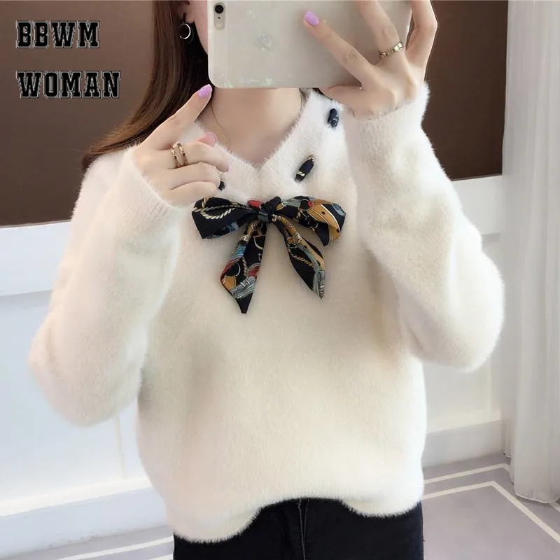 2018 Sweet Mohair Winter Sweater Stretchy Bowknot V Neck Black Blue Long Sleeve Fashion Jumper Sweaters Pullovers ZO860