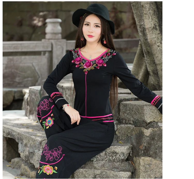 Camisas femininas Женский пуловер винтажный 70 s этнический мексиканский стиль с длинным рукавом с v-образным вырезом черная футболка с нашивками AF498