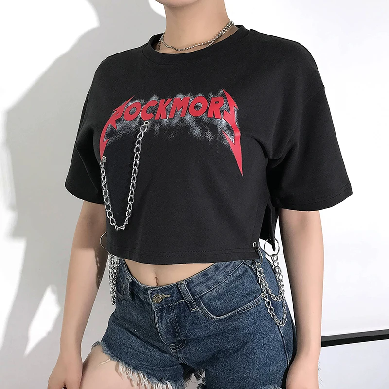 Rockmore серая свободная хлопковая Футболка с цепочкой для женщин с коротким рукавом Повседневная модная футболка с буквенным принтом женская летняя футболка для девочек