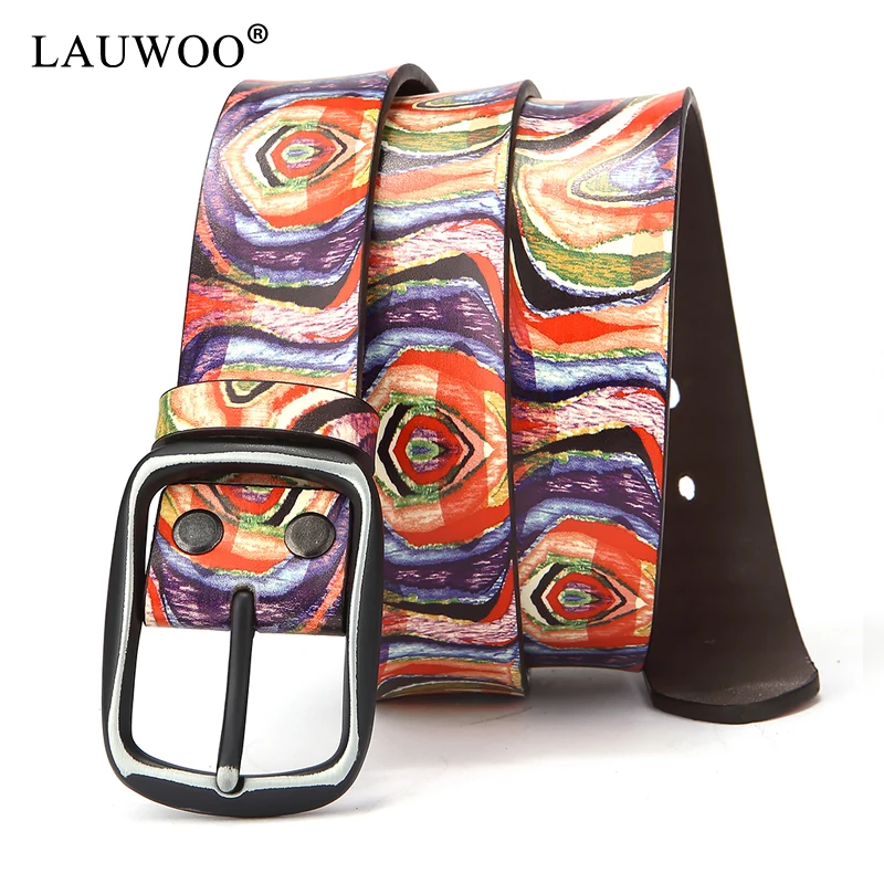 Ремень LAUWOO из натуральной кожи с принтом граффити для мужчин и женщин|printed leather