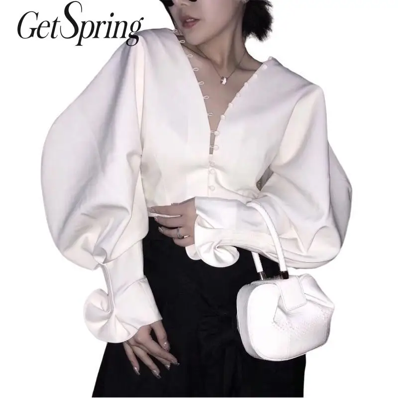 Винтажная женская блузка GETSPRING V образный вырез белая с оборками рукав летучая