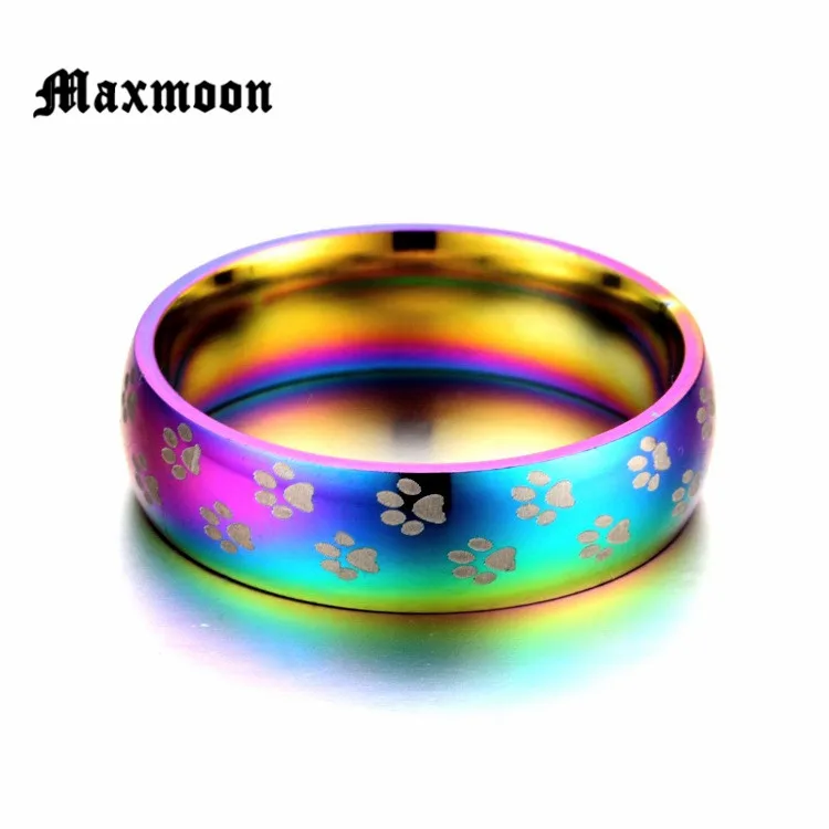 Maxmoon New Fashion Cute Dog Cat Paw Stainless Steel Beautiful Rainbow Anime Pet Finger Rings for Women Men Jewelry Nice Gift | Украшения и