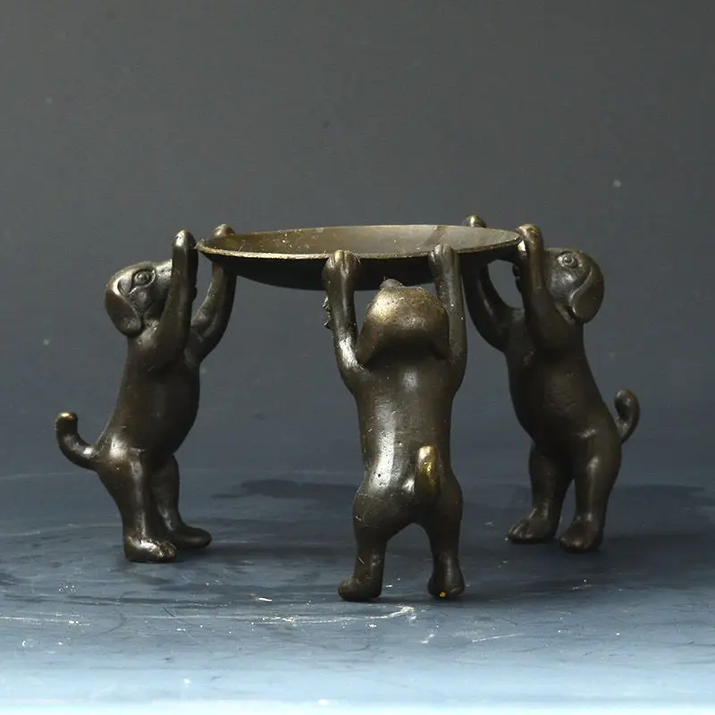 Collectible Decorated Old Handwork Bronze Carved 3 Dogs Climb Plate Candle Stick | Дом и сад