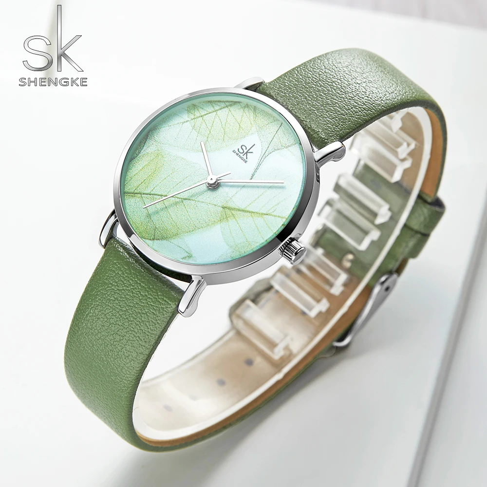 Shengke moda nova relógio feminino senhoras mostrador verde relógio de pulso quartzo movimento japonês presente design simples 3 barra à prova dwaterproof água