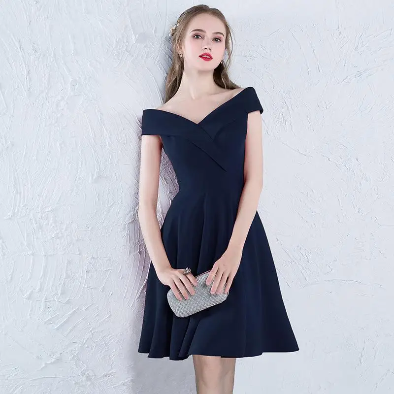 Коктейльные платья Изысканный v-образный вырез Vestidos Вечернее Para A Festa женское вечернее платье с асимметрией на одно плечо халат на молнии De Soir - Цвет: Navy blue short