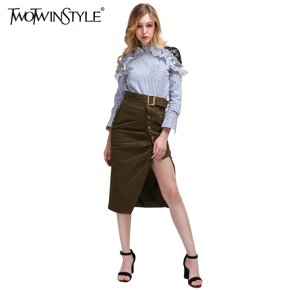 TWOTWINSTYLE армейская зеленая длинная юбка миди летние женские юбки на шнуровке с