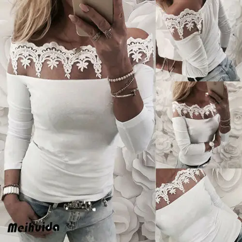 

2019 Fashion Womens Sexy Lace Loose Pullover Slash neck Long Sleeve Floral White Blouses Casual Tops Shirt