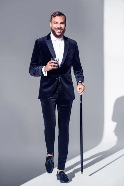 High End Slim Fit Blue Velvet Mens Suits Tuxedos Groomsmen Wedding Party Dinner Business Best Terno Men Suit(Jacket+Pants)