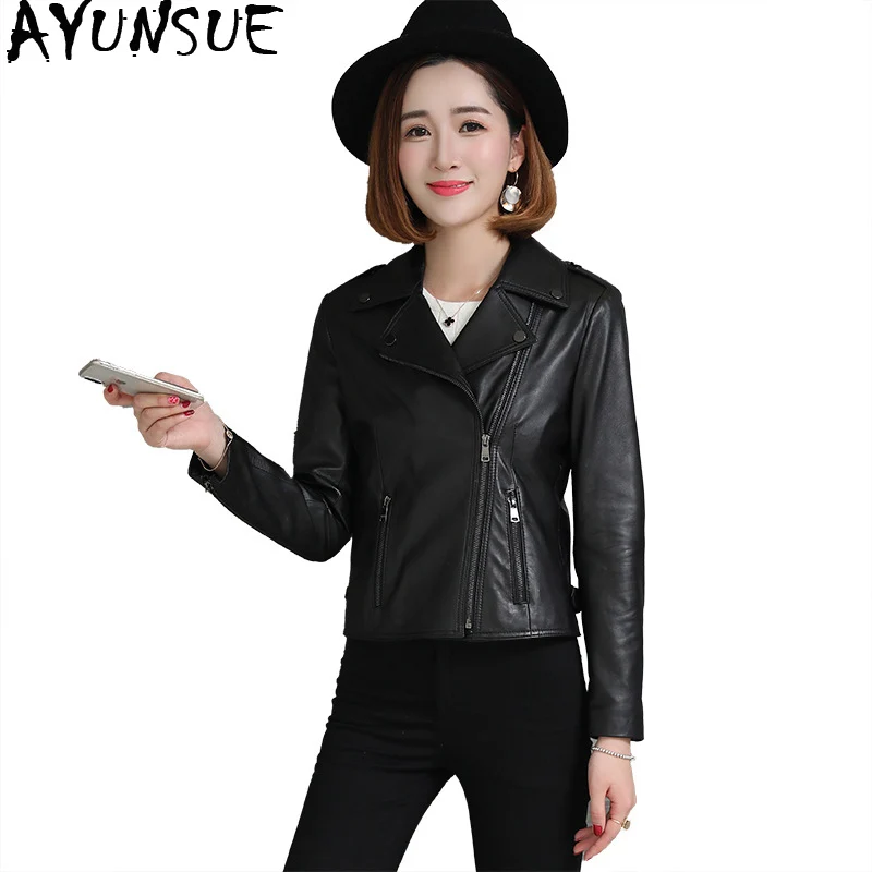 Genuine Leather Jacket Women Spring Short Sheepskin Coat Black Motorcycle Korean Slim Leather Jackets Leren Jas Dames KJ1971