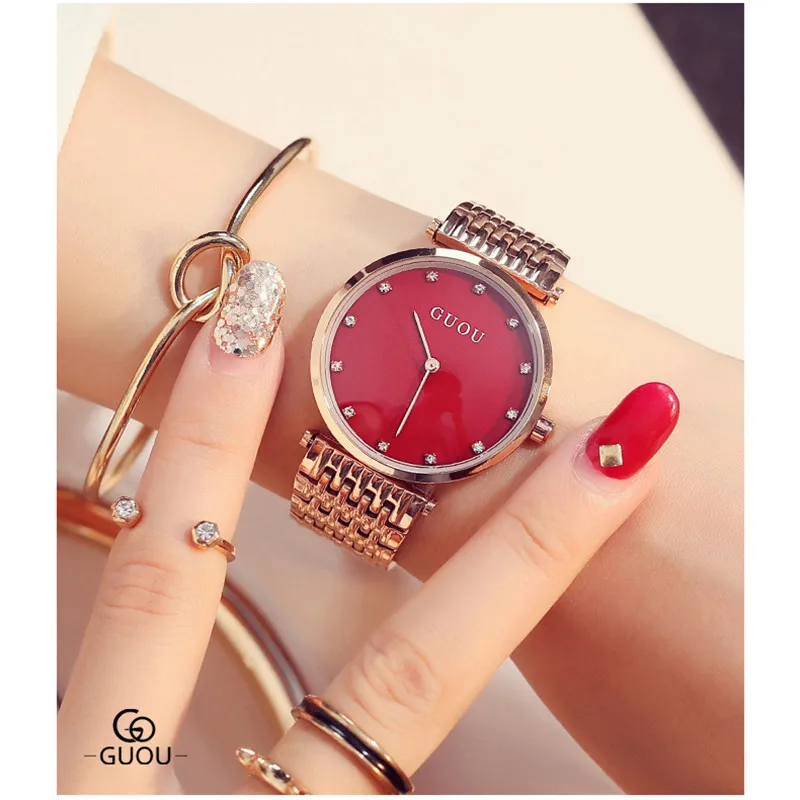 

Women Rhinestone Watch 2021 New Stylish GUOU Dress Clock Stainless Steel Watchband Gold Dial Wristwatch Reloj Hombre