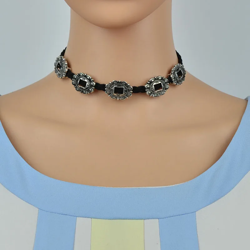 Цветок Резной Кулон Крутящий Момент Ожерелье Кожа Витой Старинное Серебро