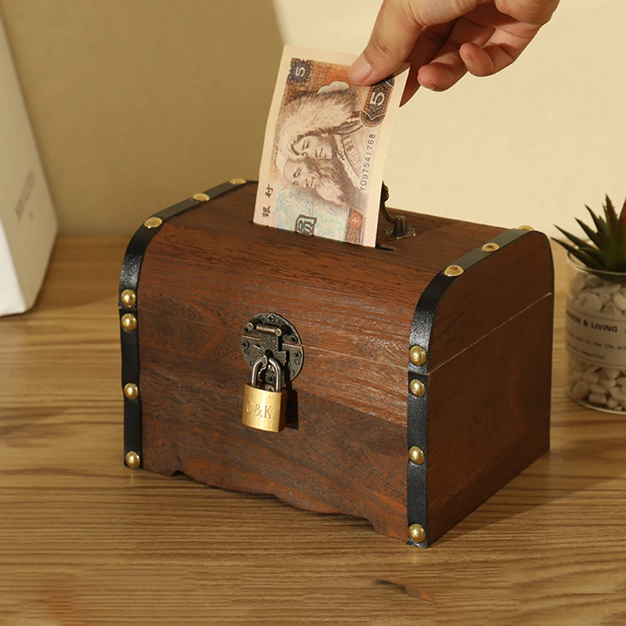 Wood Coin Save Kids Money Box Lock Vintage Safe Wooden Piggy Bank Children Locked Sparschwein Cash For Saving M5B010 | Дом и сад