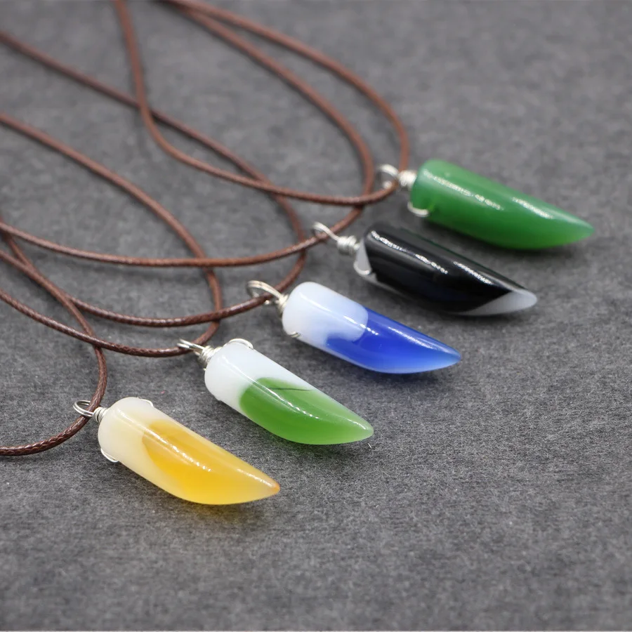 Разноцветный кристалл кулон волчий зуб кожаная веревка колье модные ювелирные