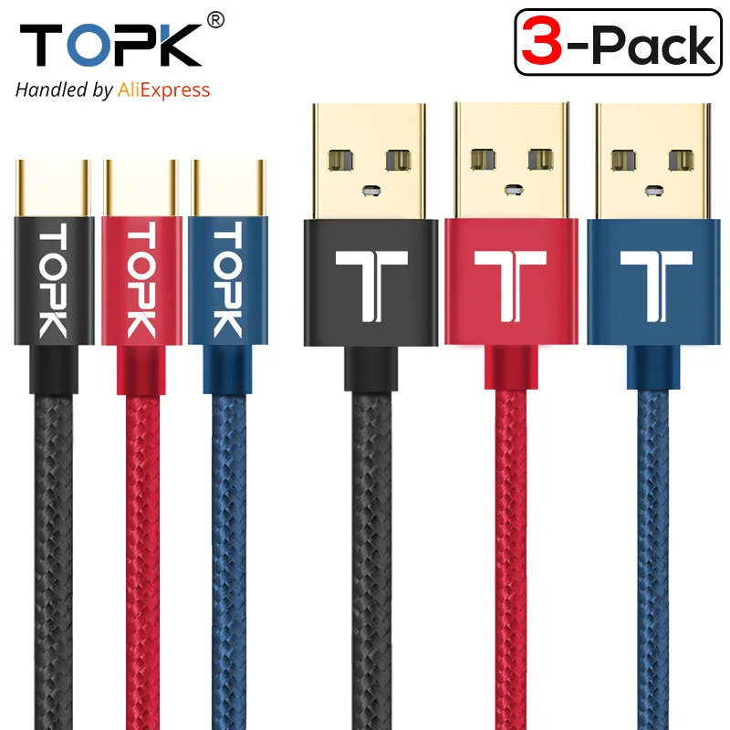 Кабель зарядный TOPK USB Type-C в нейлоновой оплётке 0 6/1 2/1 8 м 3 шт./упаковка | Мобильные