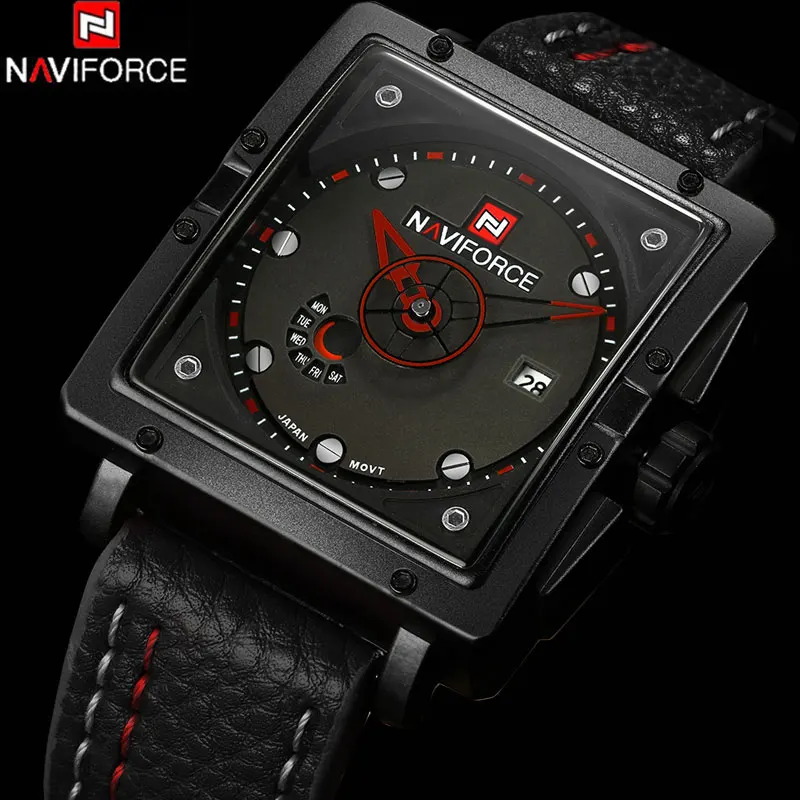 NAVIFORCE мужские спортивные часы кварцевые с датой кожаный ремешок военные