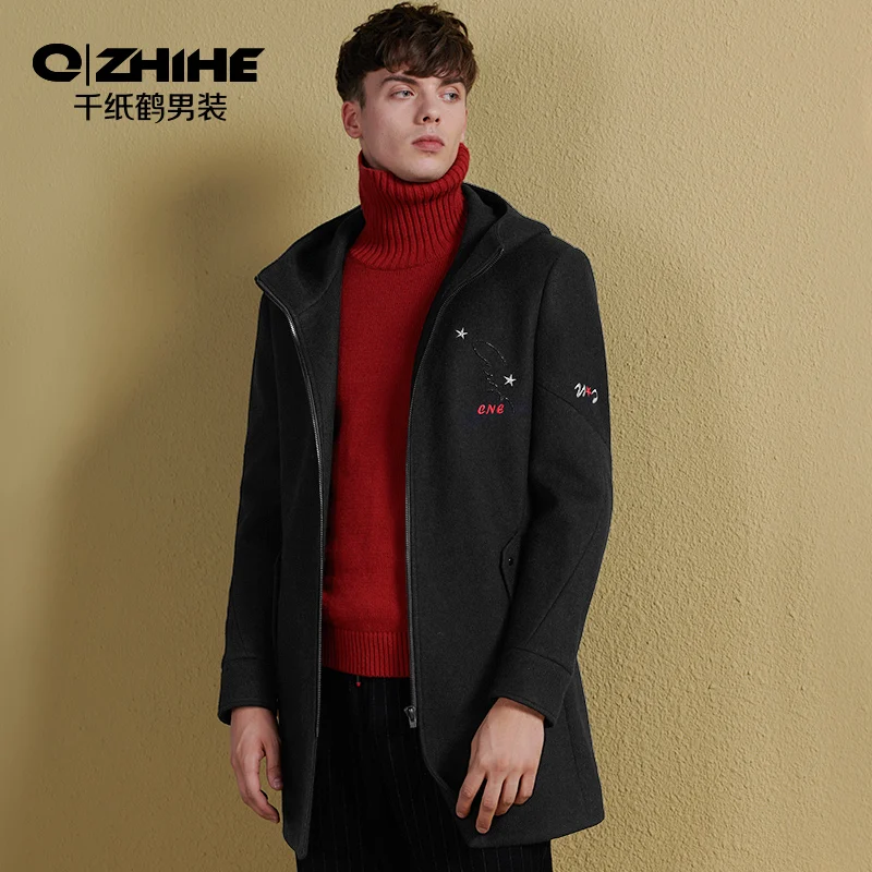 Qzhihe мужская одежда пальто новый комфорт теплый с капюшоном вышивка украшение