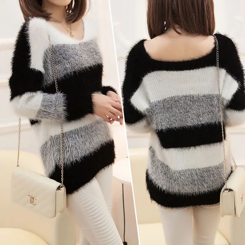 Autumn and winter new Korean loose washable horse headdress striped sweater thickened knitwear women pullover 7841 | Женская одежда